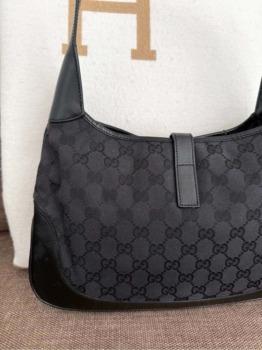 Gucci authentic Jackie hobo bag black monogram canvas black leather shoulder bag
